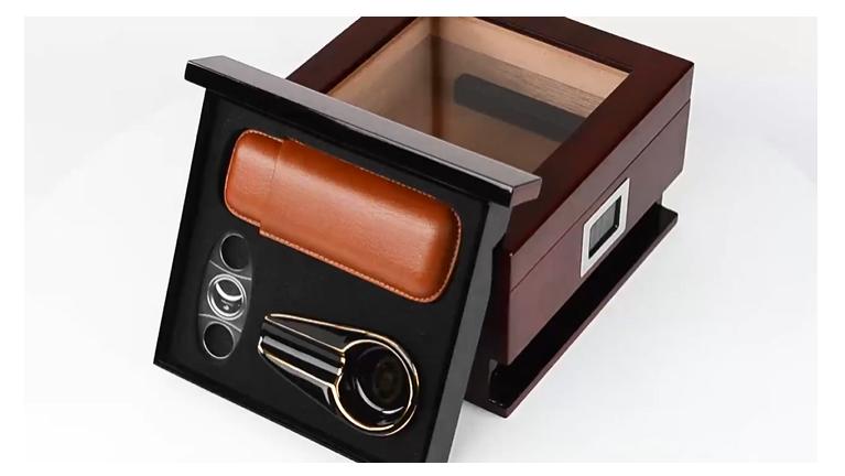 Hộp giữ ẩm xì gà có ngăn phụ kiện (sức chứa 40-60 điếu)